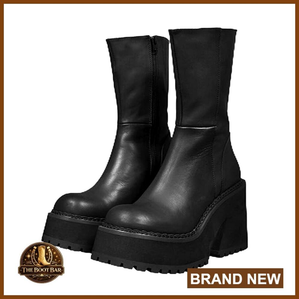 Chunky Heel Platform Ankle Boots Punk Goth Combat Booties Round Toe